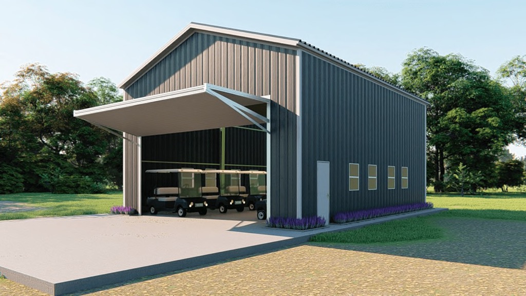 Golf cart storage metal building rendering 3
